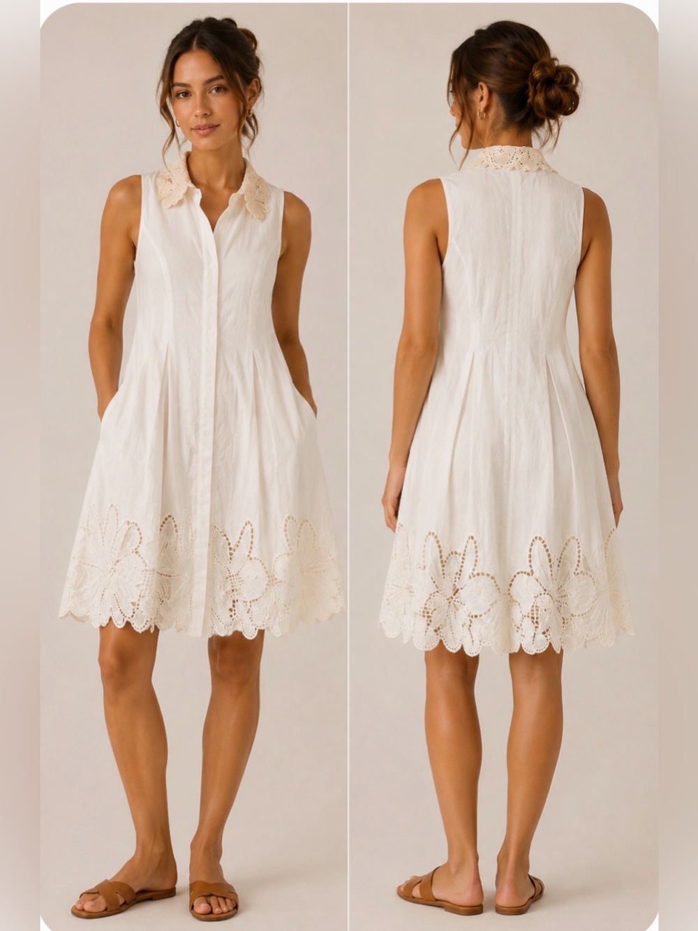 En Saison Sleeveless Cream Eyelet-Hem Shirt Dress